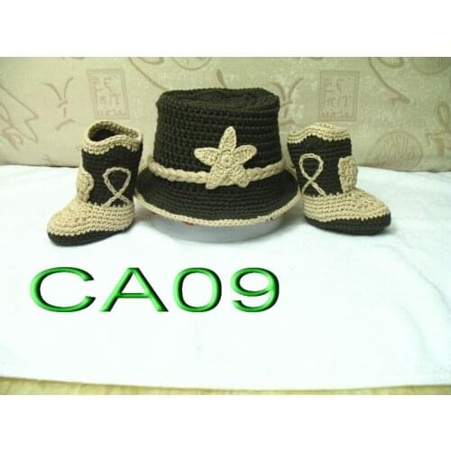 Free shipping, Baby cowboy hat with boots 2pcs set , new handmade crochet newborn hat Caps ,newborn crochet photo props
