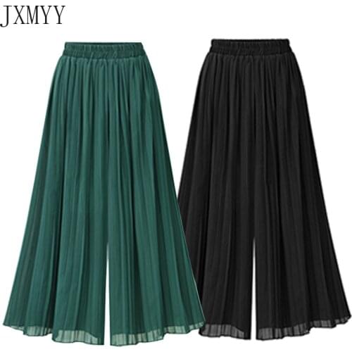 2021 Summer European Style Pleated Women Wide Leg Pants Loose Chiffon Boho Female Length Pant Elastic Waist Trousers Plus Size