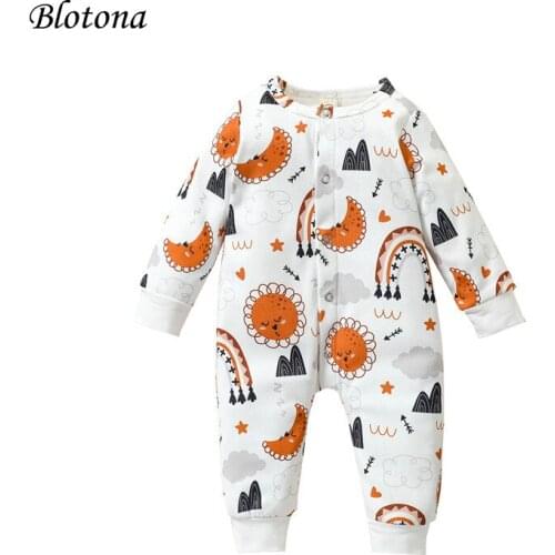 Blotona Cute Baby Spring Autumn Casual Long Sleeve Jumpsuit Fashion Printing Single-breasted Round Neck Long Romper, 0-24Months