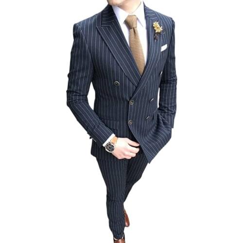 Double Breasted Slim Fit Blue-Black Stripe Men Suit Formal 2 Piece Business Tailor Made Men Suit Groom Wedding Tuxedo
