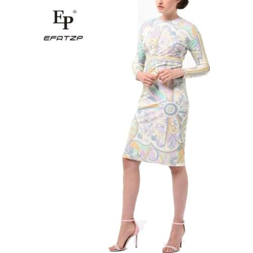 EFATZP Newest Fashion 2018 Designer Dress Womens Long Sleeve elegant Geometric Print Stretch Jersey Silk XL XXL Day Dress