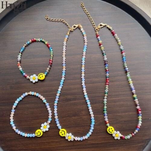HangZhi 2021 New Colorful Face Smiley Daisy Flowers Crystal Beaded Bracelet Necklace Clavicle Choker for Women Girls Jewelry