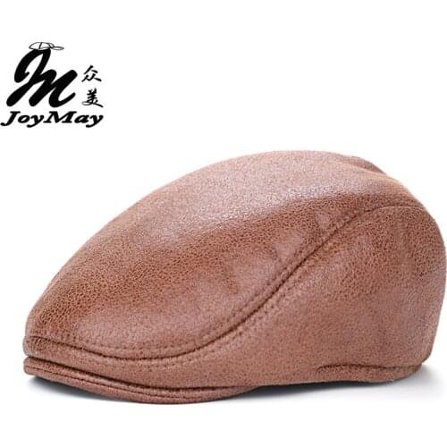 Joymay 2016 New Plain PU Berets Caps with fur inside For Men Casual Peaked Caps Berets Hats Casquette Cap Y018