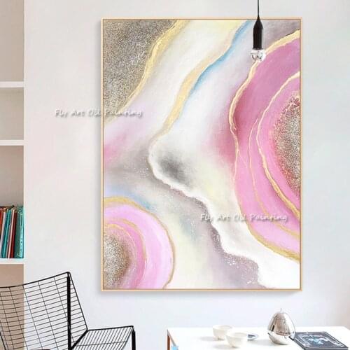 Painted By Skill Artist 100% Handmade New Large Pink Oil Painting Modern Abstract Gold Foil Wall Picture Living Room Home Decor
