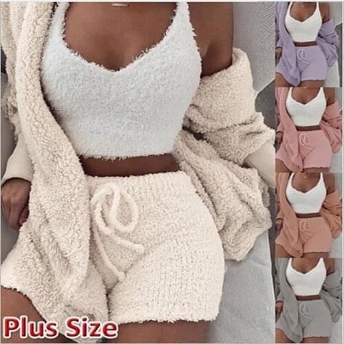 3pcs Set Women Home Wear Fluffy Cardigan Jacket Teddy Coat Shorts Crop Tops Sets Hooded Casual Sportswear Outfits