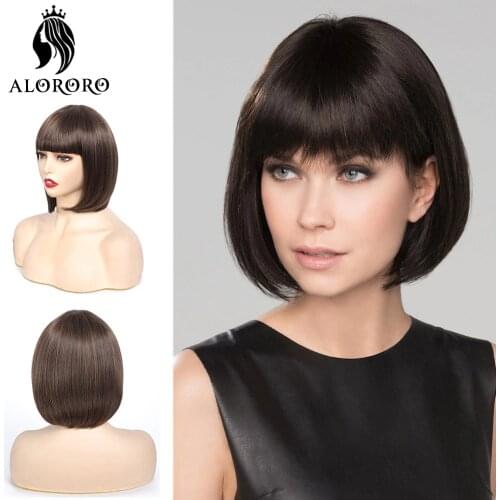 Alororo Short Bob Wig Synthetic Wig with Bangs 10 Inch Natural Black Hair Wigs for Black Women Party and Daily Used