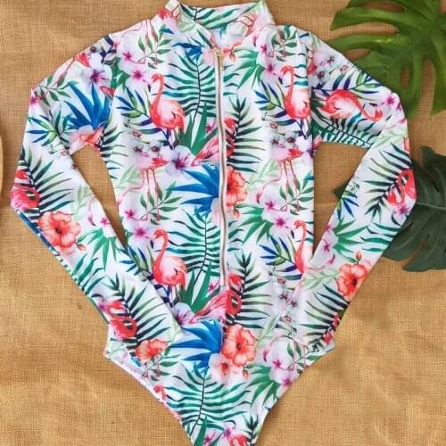 GNIM Long Sleeve Floral Print Swimwear Women One Piece Sport Zipper Swimsuit High Cut 2021 New Arrival European Style Biquinis