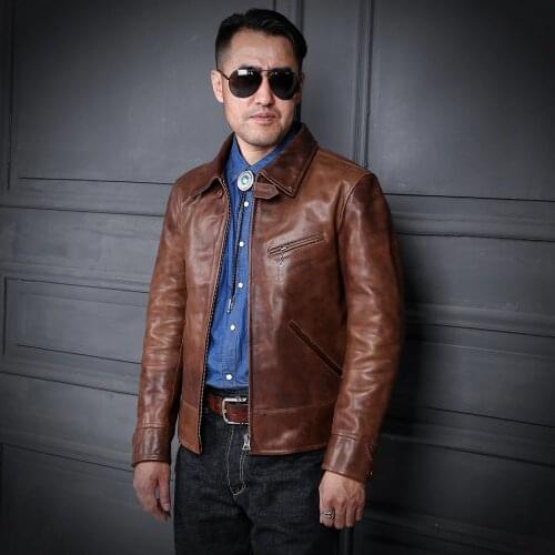 YR!Free shipping.Brand luxury tea core horsehide jacket,1930 Brown leather clothes,Man quality Vintage genuine leather coat