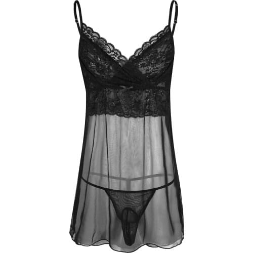 MSemis Mens Crossdress Sissy Lingerie Nightwear Gay Lace Mesh Sheer Sleepwear for Men with G-string Jockstrap Underwear Panties