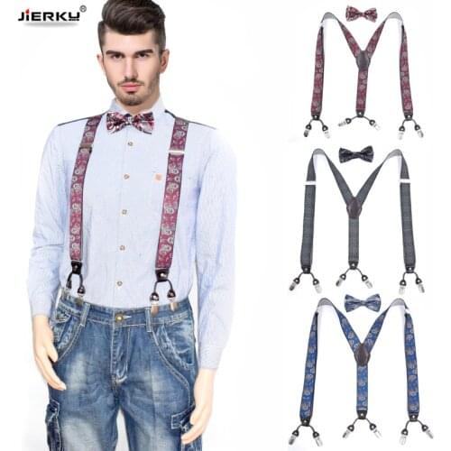 Mans Suspenders Set leather 6 clips Braces with Bow Tie Male Vintage Casual Suspensorio Trousers Strap Father/Husbands Gift s