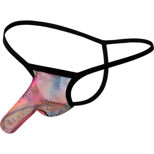 Mens Underwear Thongs Sexy Male T-Back Gay Mens Bikini Super Soft Brief Bohemia Style Printed Underpants See Through Panties