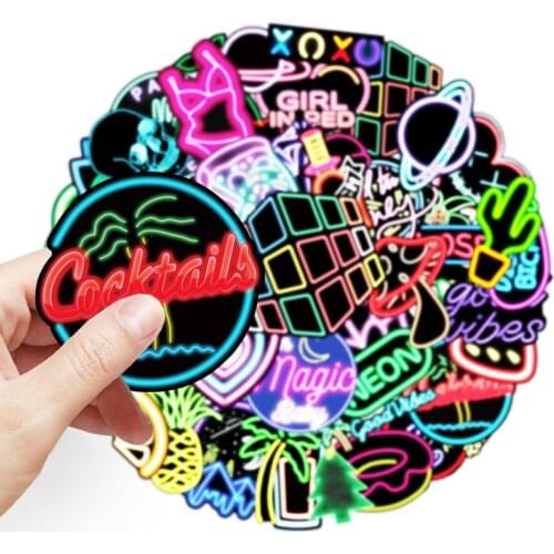 50PCS Cute Neon Light Graffiti Stickers Laptop Luggage Suitcase Motorcycle Waterproof Cartoon Decals Toys Sticker for Kids
