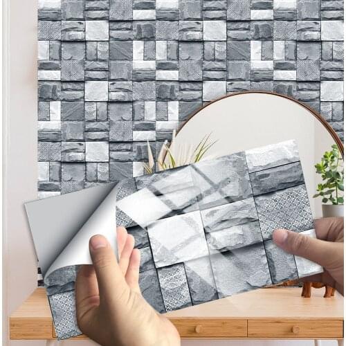 10pcs Flat Marble Texture Embossing Tiles Wall Sticker Kitchen Oil-Proof Bathroom Home Decor Peel & Stick Ceramics Art Wallpaper