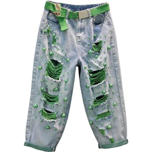 2021 New Fashion Summer Ladies Elastic Jeans Women Casual Beaded Hole Denim Trousers Female Loose Baggy pants
