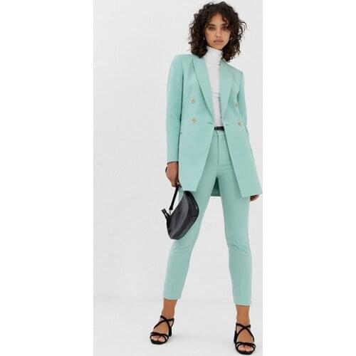 2020 New Arrival Sky Blue Womens Business Suit Female Office Uniform Ladies Formal Pants Suit Double Breasted Womens Tuxedo