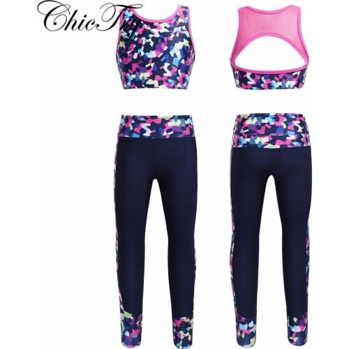 6-16 Years Kids Girls Gymnastics Dancewear Outfit Digital Print Mesh Racer Back Tanks Crop Top with Leggings Ballet Dance Sets