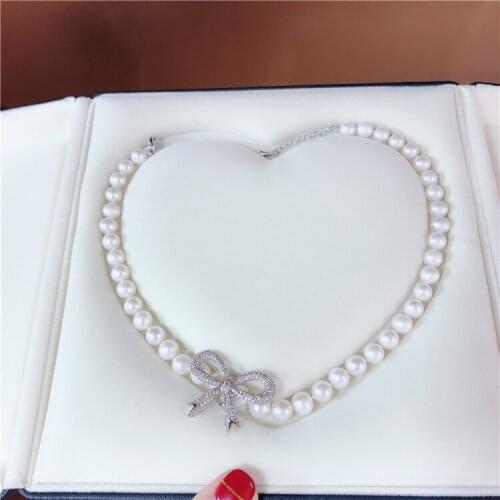 Hot sell new style 8-9mm 37cm white freshwater pearl necklace zircon bowknot accessories neck chain fashion jewelry