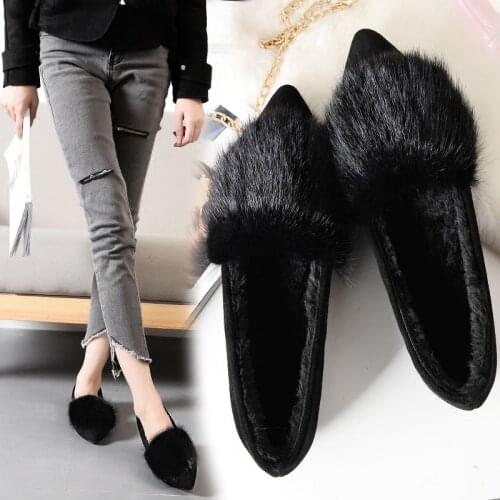 Luxury Genuine leather mink fur shoes woman soft-soled warm single shoes ballerina moccasins loafers winter fleece pointed flats