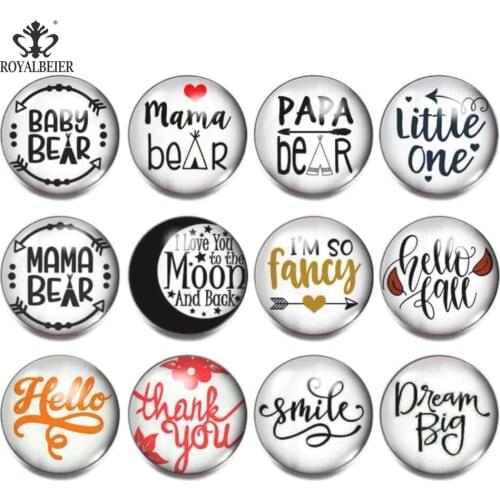 RoyalBeier Bear Papa Bear Mama 18mm Snap Buttons 12pcs/Lot Cabochon Glass Snaps Fit DIY Bracelets For Charms Jewelry Bijoux