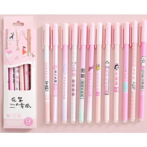 12Pcs/Box Cute Pink Purple Rod Erasable Gel Pen School Office Supplies Writing Stationery Gift 0.5mm Blue Ink Black Refill Pens