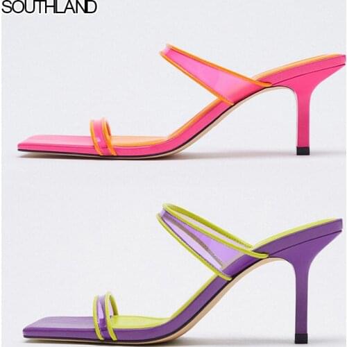 SOUTHLAND Slippers Heeled Sandals Female Shoes Slides Luxury Thin 2021 Soft High Rome Back Strap Rubber PU Solid Scanda