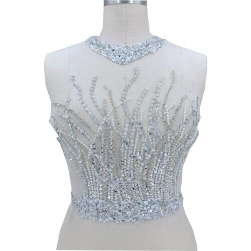 Handmade silver sew on silver hinestones applique on mesh peal crystals trim patches 30*44cm for wedding dress accessories