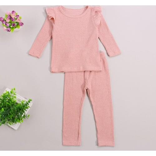 2pcs Knitted Clothes Set For Baby Girls Fly Sleeves Ruffles Pullover + Leggings Trousers Infant Solid Tracksuits Solid Clothings