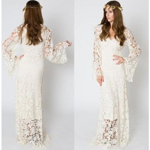 Vintage Bohemian Wedding Gown long sleve lace Crochet Ivory or White Hippie Wedding Dress Boho Embroidered Maxi Lace Dress