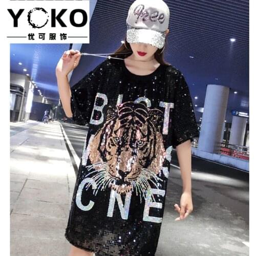 YOKO Cartoon Woman Sequined T-shirts loose Oversized Long T-shirt Hiphop Numbers Short sleeved splicing Sequined Tops Streetwear