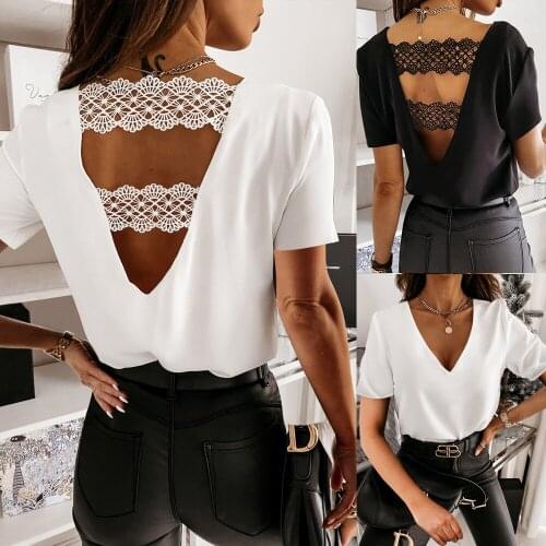 Sexy Backless Women T-shirt Summer Lace Patchwork Short Sleeve Casual Party Tshirts Elegant V Neck Office Lady Loose White Tops