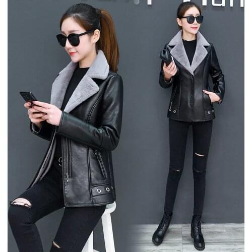 Womens Leather Jacket Turn Collar ThickEN Plus Velvet Fur One Moto & Biker Female Jacket Women Winter Jacket S-3XL