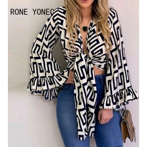 Women Casual Graphic Lace up Flared Sleeves Sexy Crop Blouse