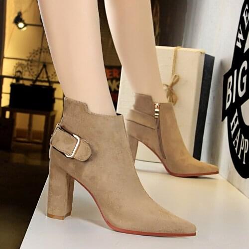 2019 New Winter Women Ankle Boots High Square Heel Pointed Toe Metal Zipper Solid Sexy Ladies Women Shoes Khaki Female Boots