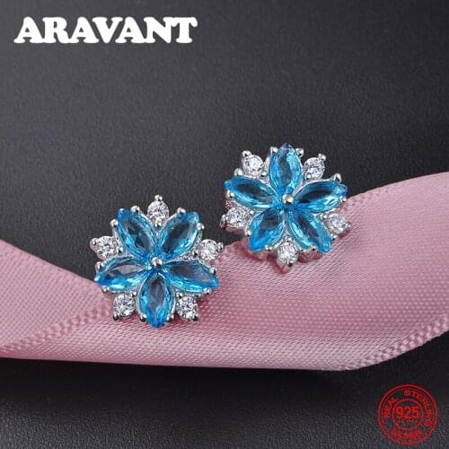 925 Silver Luxury Crystal Flower Stud Earring For Women Fashion Clear CZ Zircon Earrings