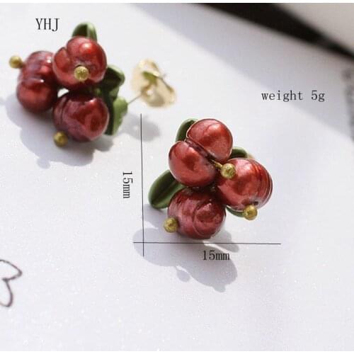 YHJ Natural Pearls earrings vintage Green that bake Paint Cranberry earrings Women earrings jewelry