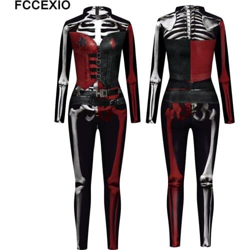 FCCEXIO The Halloween Party Series Cosplay Double Color Skeleton Print Fancy Women Jumpsuit Plus Size Long Sleeve New Jumpsuit