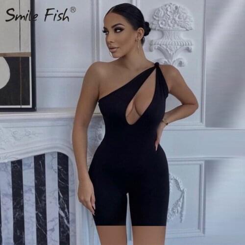 Women Jumpsuit 2021 Summer Streetwear Solid Backless Active Wear Skinny Slim Jumpsuits One Shoulder Sexy Cut Out Rompers M0390