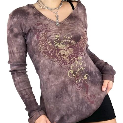 2021 Fairycore Grunge Print Hooded T Shirt Vintage Aesthetic V Neck Long Sleeve Autumn Tops Women Tie Dye E Girl Hoodie Tees