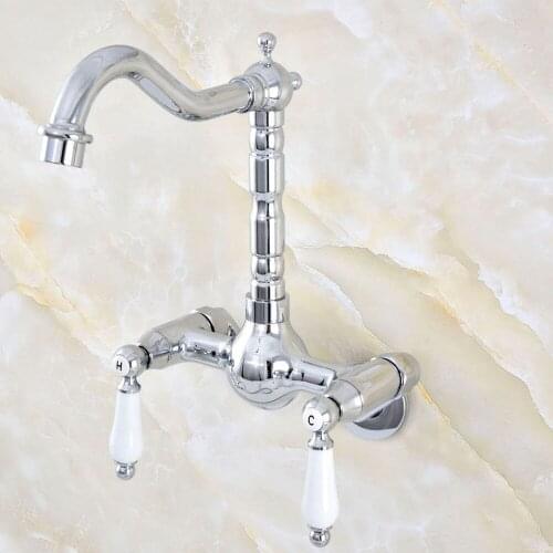3-3/8" Polished Chrome Dual Ceramic Handles Wall Mounted Hot & Cold Bathroom Kitchen Basin Sink Swivel Faucet Mixer Tap zqg205