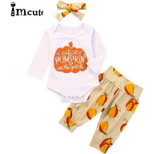 Imcute Newborn Infant Baby Girls Clothes Pumpkin Pattern Long Sleeve Bodysuit+ Pants Toddler 3Pcs Outfits Halloween Clothing Set