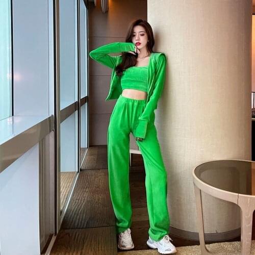 3PCS Set Women Tracksuit Corduroy Ladies Wear Crop Top Streetwear Solid Suit Wide Leg Pants/Drawting Two Wear Ways Suit Clothes