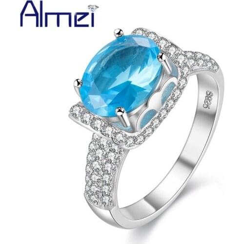 Almei 15% Engagement Silver Color Crystal Rings For Women Ring With Big Oval Blue Cubic Zirconia Stone Jewelry Kpop Bague Y025