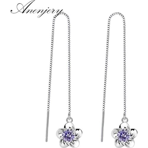 ANENJERY 925 Sterling Silver Simple Fashion Zircon Plum Blossom Flower Drop Earrings Long Tassel Chain Earrings S-E236