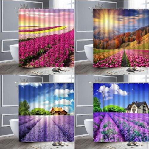 Flowers Shower Curtain Sets Tulip Rose Purple Lavender Manor Scenery Waterproof Fabric Bathroom Decor Curtains Home Wall Screen