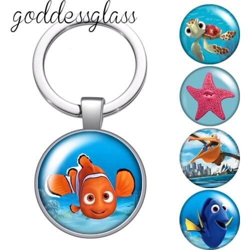 Disney Finding Nemo Clownfish Marlin Fish glass cabochon keychain Bag Car key chain Ring Holder Charms keychains gift