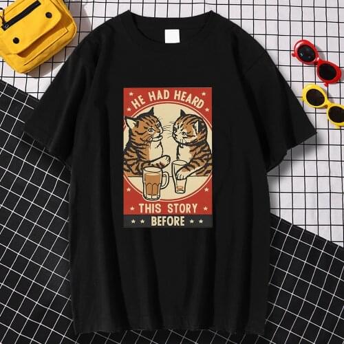 Fashion Vintage Mens T Shirt Oversized Casual T-Shirts Cat Drink Beer He Heard Story Print Clothing Round Neck T Shirts Mens