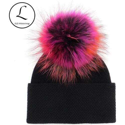 GZHILOVINGL New Thick Wool Knitted Real Fur Hat 100% Real Raccoon Fur Pom Pom Hat Winter Women Hat Casual Solid Beanie For Women