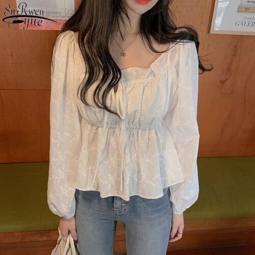 Korean Tops White Long Sleeve Cotton Woman Shirt Vintage Women Blouse 2021 Autumn High Waist Chic with Embroidery Blusas 10570