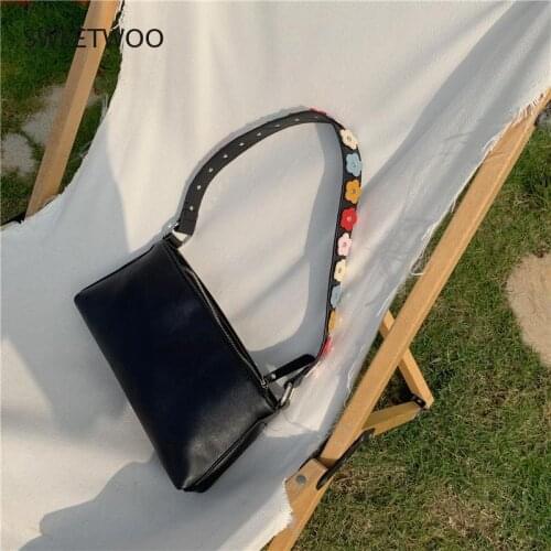 Kawaii cute sweet multicolored rainbow flowers PU leather baguette bag handbag vintage harajuku mini underarm bag axillary pouch