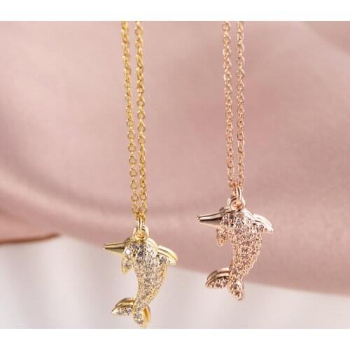 Cute Dolphin Crystal Pendant Necklace For Women Girls Rhinestone Animal Copper Charms Stainless steel Chain Choker Jewelry Gifts